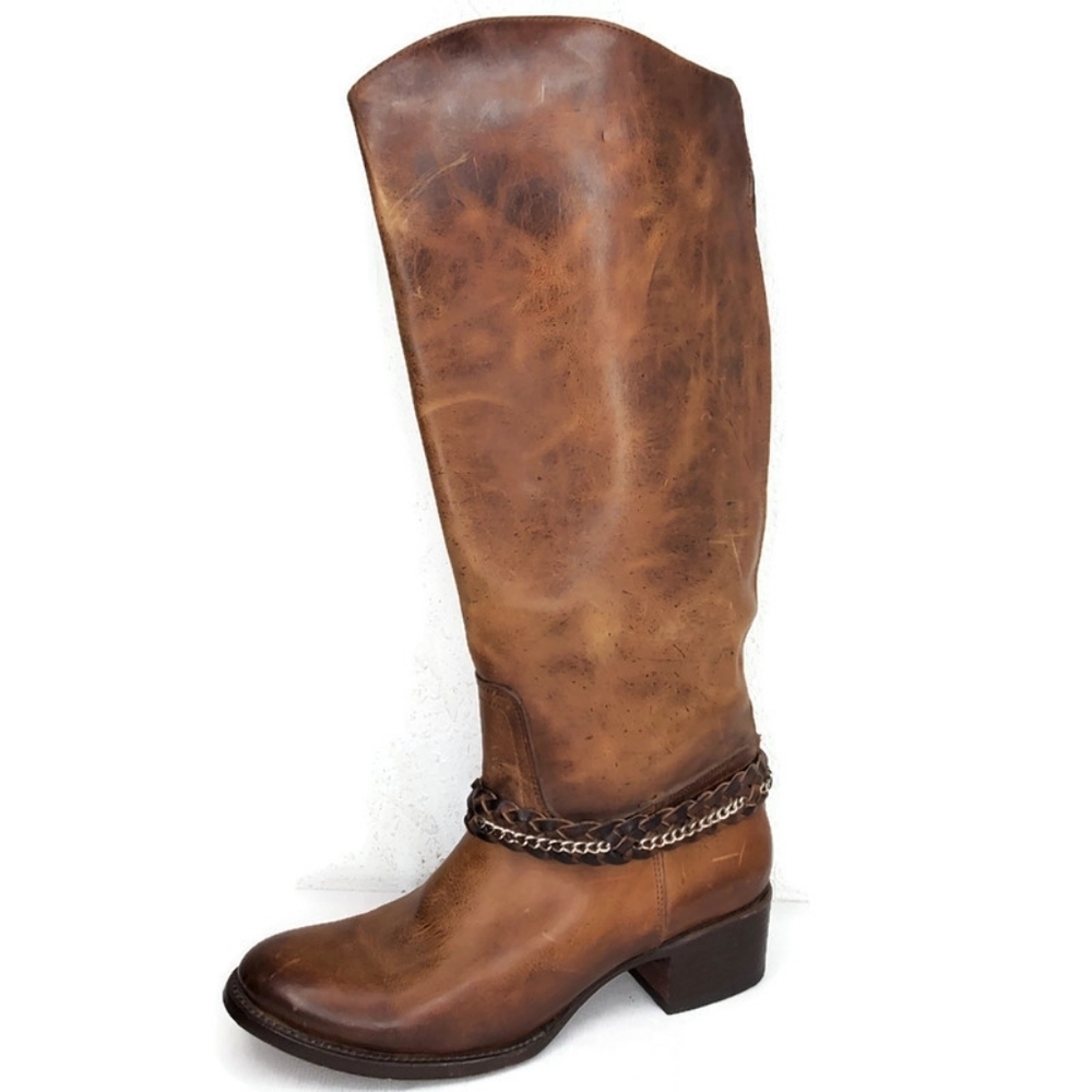 Pistolero  Brown All Leather Chain Braid Back Zip Tall Riding Western Boots